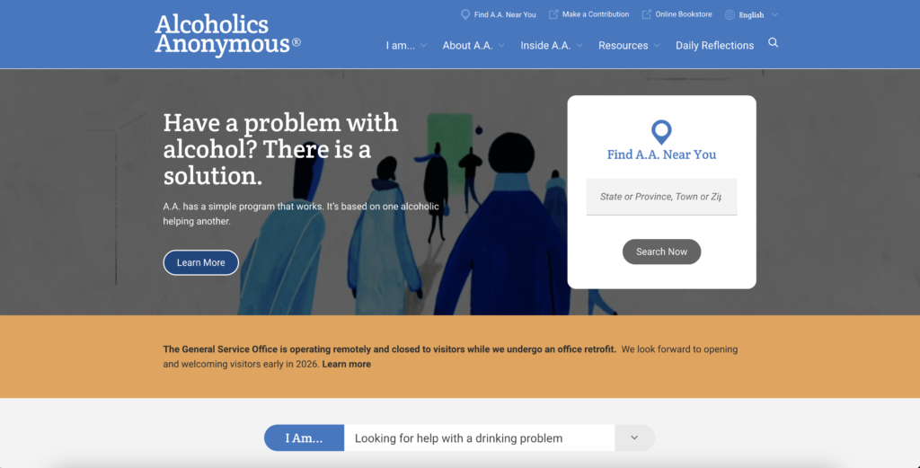 AA.org homepage screenshot