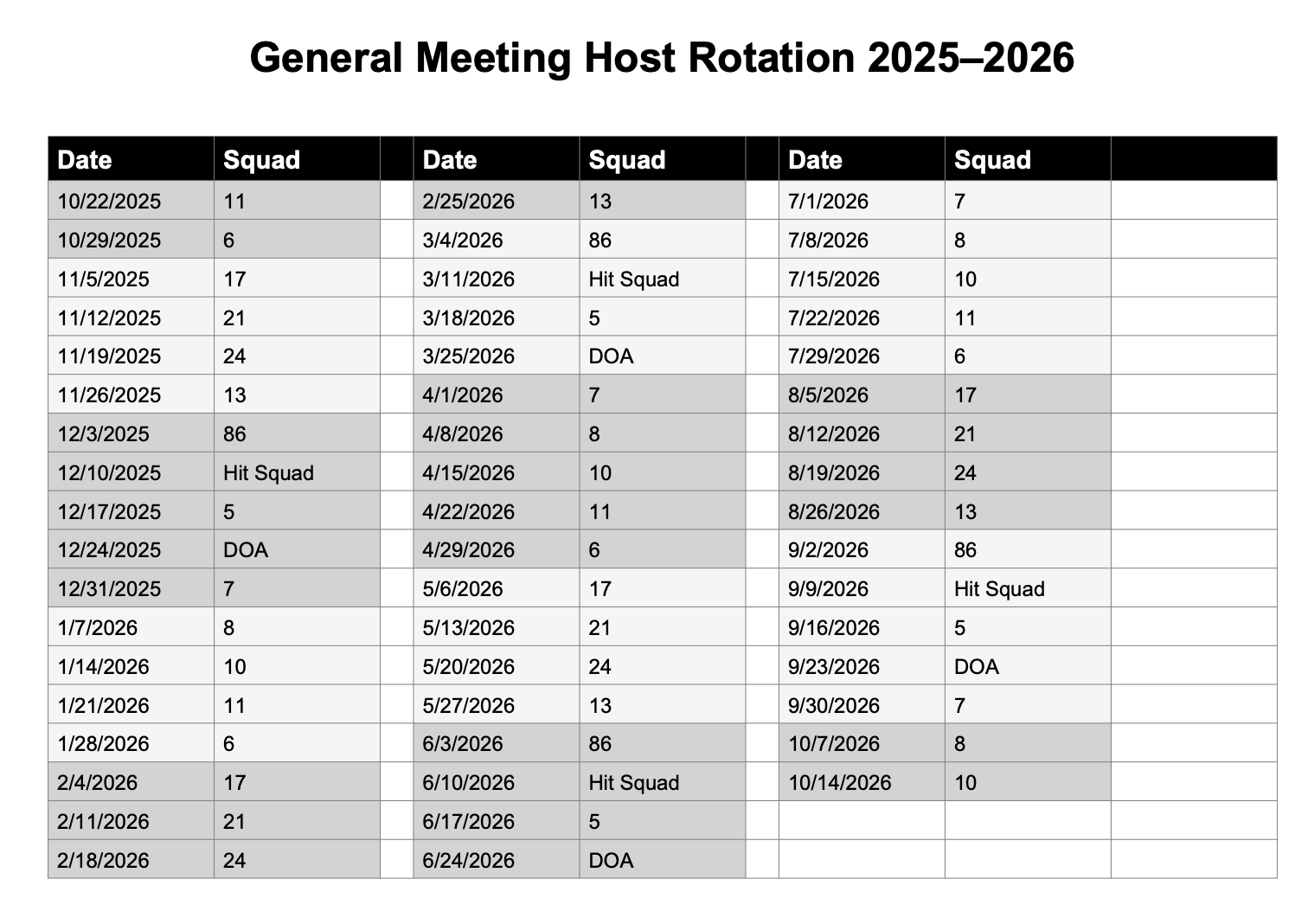 squad rotation calendar